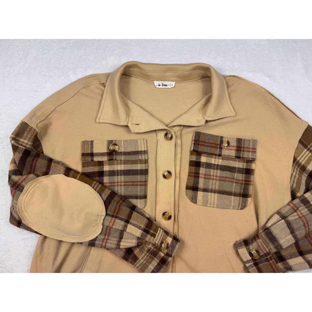 In Loom Tan Waffle Knit Plaid Sleeve Shacket Button Front Elbow Patch ILJ5378 M